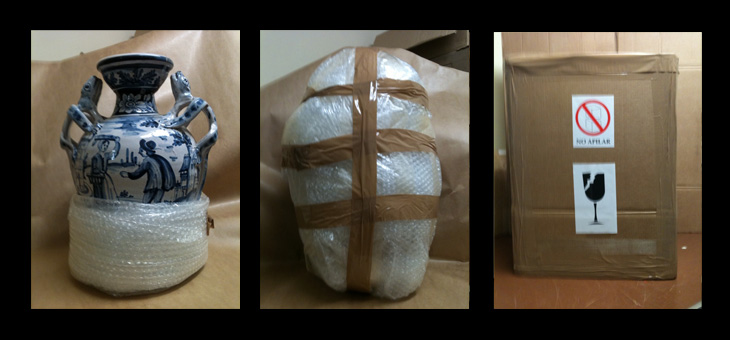 Stages in packing of porcelain vase